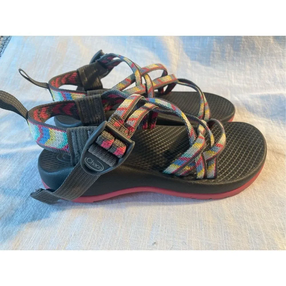 Chaco Kids Black Footbed Sandals with Multicolor Webbing and Pink Midsole